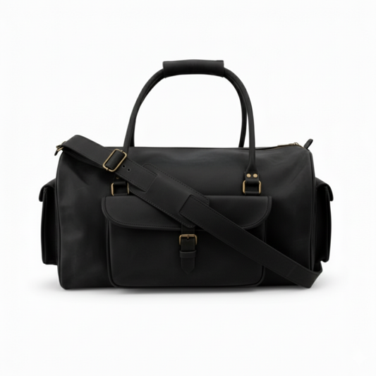 Black Leather Duffel Bag  Premium Men Travel & Gym Holdall