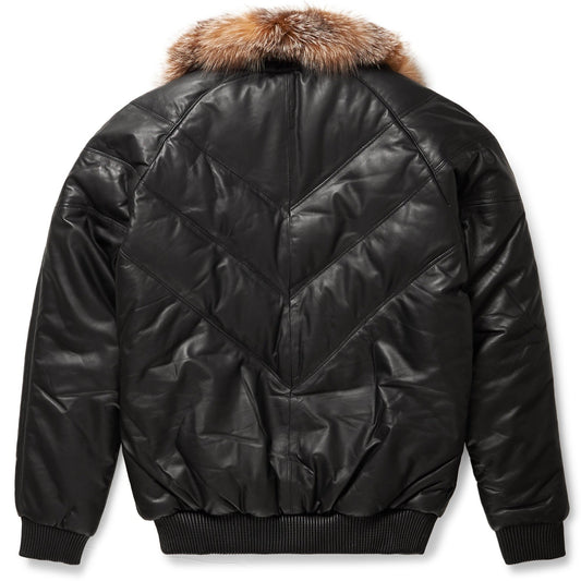 Black V-Style Bomber Jacket for Men – Detachable Crystal Fox Collar Design | Leather Elites
