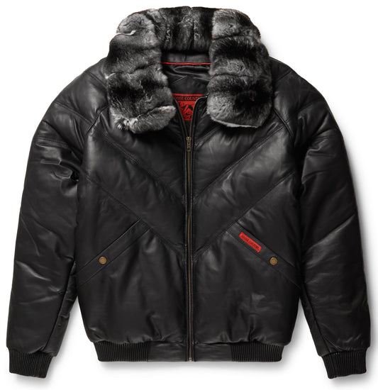 Men V Bomber Leather Jacket – Black with Detachable Fur Collar Detail | Leather Elites