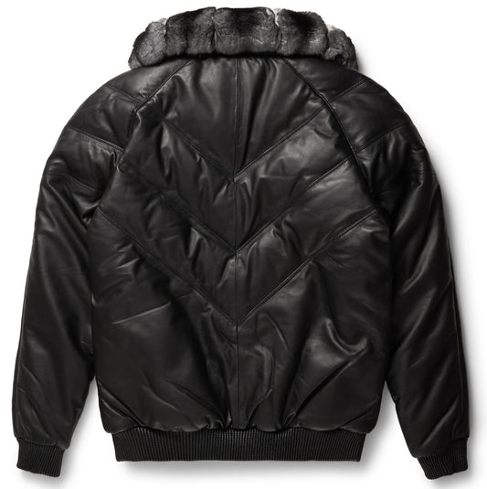 Men V Bomber Leather Jacket – Black with Detachable Fur Collar Detail | Leather Elites