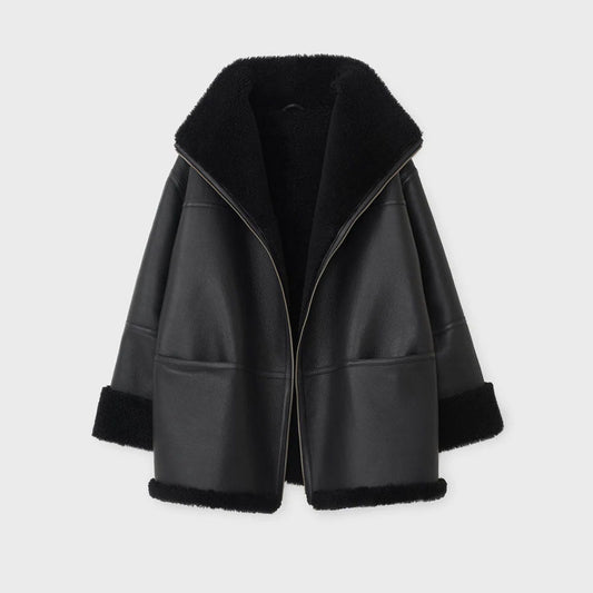 Women RAF B3 Sheepskin Shearling Leather Jacket in Black  Leather Elites