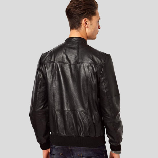 Black Leather Bomber Jacket in Lambskin – Reggie Design with Stand Collar