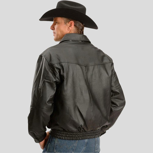 Black Bomber Leather Jacket – Sleek Design with Classic Lapel Collar