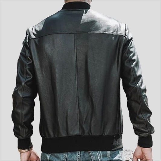 Black Bomber Leather Jacket – Midnight Style with Modern Throat Tab Closure