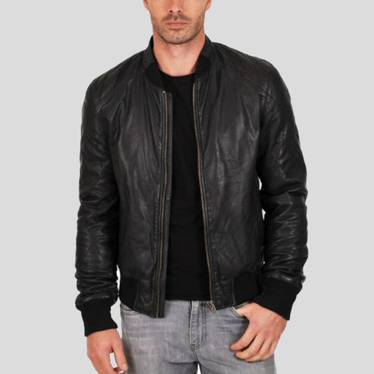 Classic Midnight Black Leather Bomber Jacket Featuring Rib-Knit Accents