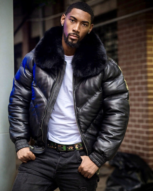 Men V Bomber Leather Jacket – Black with Interchangeable Fox Collar Detail | Leather Elites