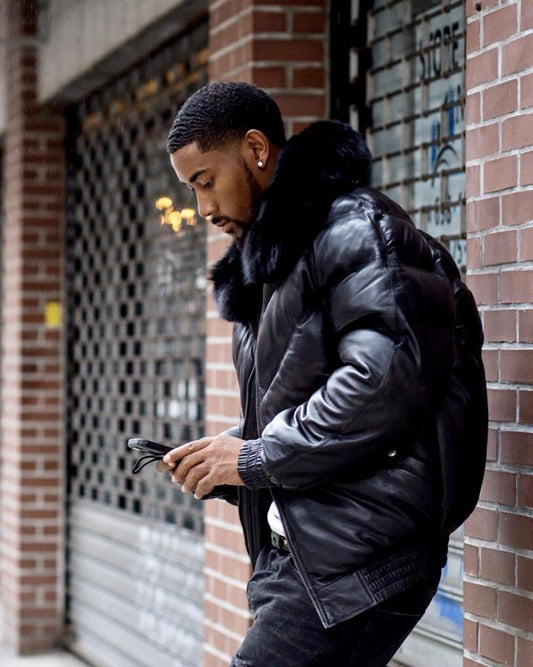 Men V Bomber Leather Jacket – Black with Interchangeable Fox Collar Detail | Leather Elites