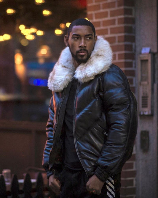 Men Black Bomber with Detachable Fur Collar in Off-White | Leather Elites