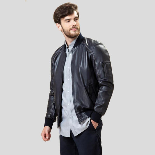 Premium Refined Black Bomber Jacket in Lambskin Leather with Knit Trim