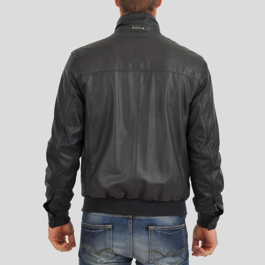 Black Lambskin Leather Bomber Jacket with High Neck Collar