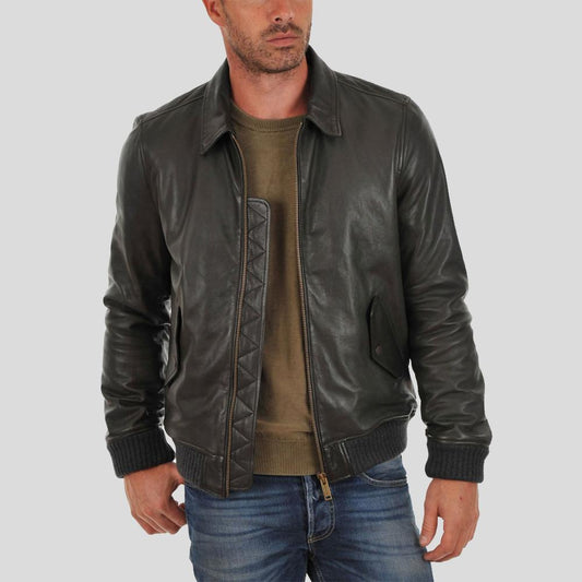 Black Leather Bomber Jacket in Lambskin – Ioan Style with Turn-Down Collar