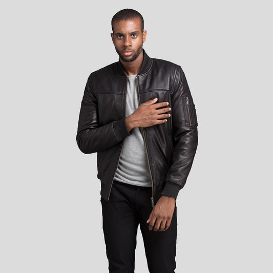 Classic Kyros Black Lambskin Bomber Jacket Featuring Knit Rib Details