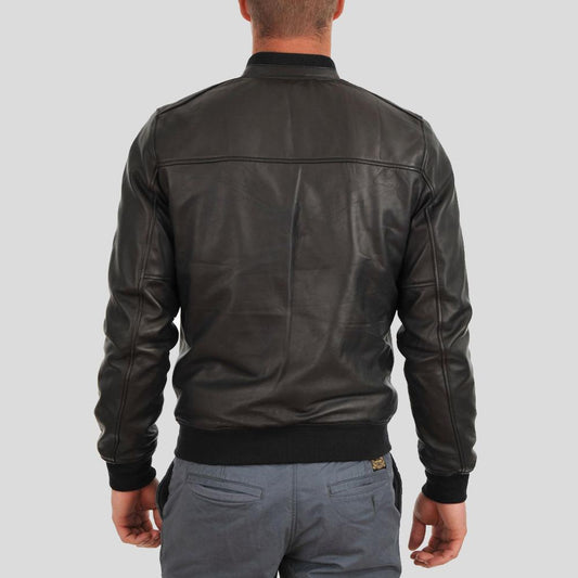 Black Lambskin Bomber Jacket for Men – Tom Style with Ribbed Knit Details