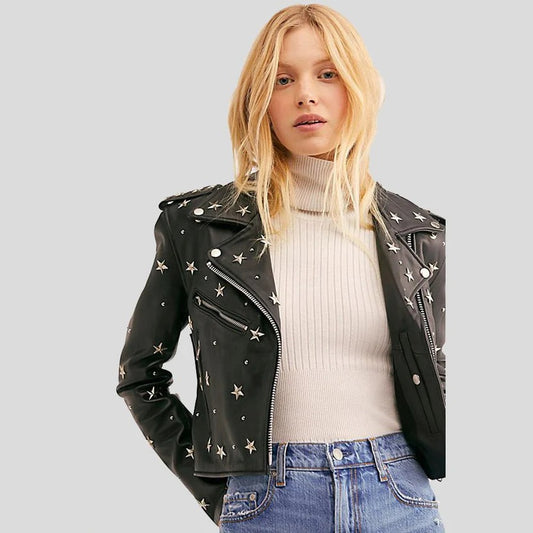 Clara Black Studded Star Leather Jacket