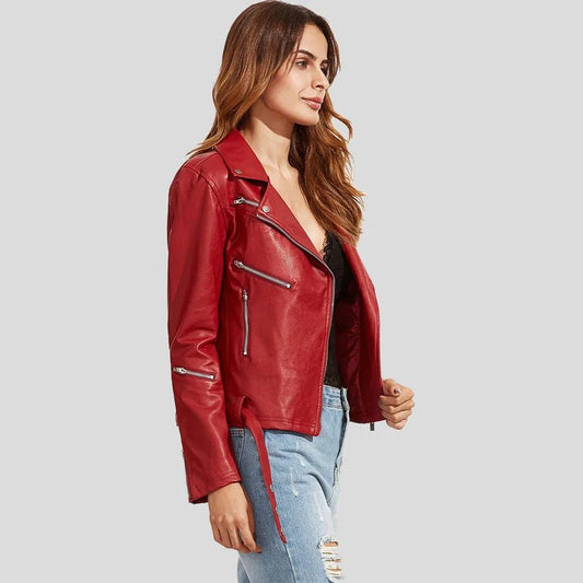 Cora Dashing Red Racer Leather Jacket