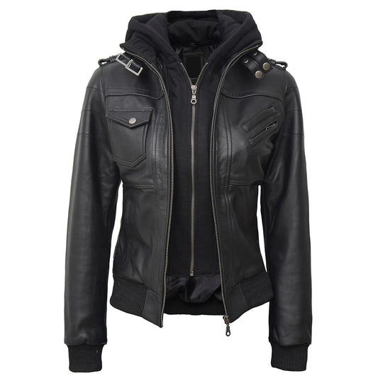 Elena Black Hooded Leather Jacket