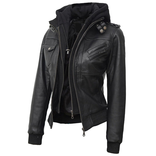Elena Black Hooded Leather Jacket