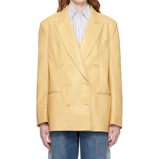 Emma Double Breasted Yellow Women Leather Blazer