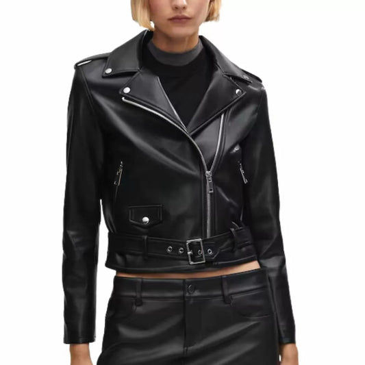 Erika Black Asymmetric Double Zip Leather Jacket