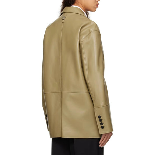 Eva Single Breasted Khaki Women Leather Blazer