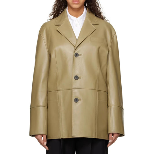 Eva Single Breasted Khaki Women Leather Blazer