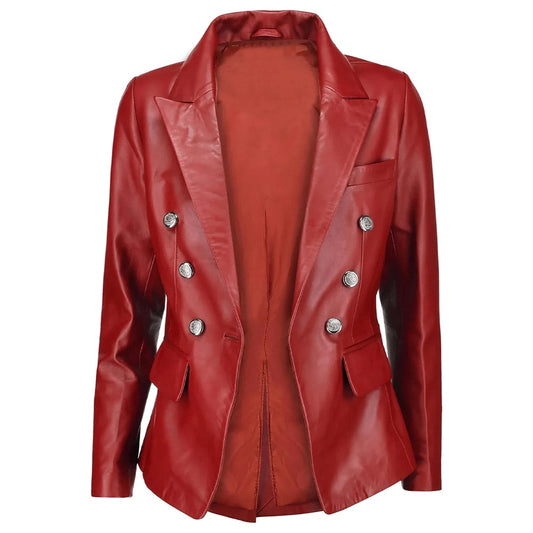 Lily Double Breasted Red Women Leather Blazer