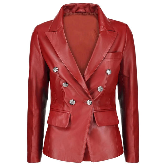 Lily Double Breasted Red Women Leather Blazer