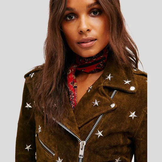 Maya Brown Studded Suede Leather Jacket