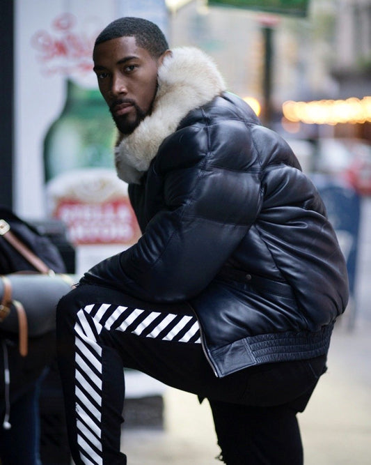 Men Bomber Jacket in Navy Blue with Cream Fur Accents | Leather Elites