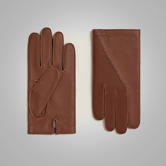New Men Brown Hand-Sewn Leather Gloves