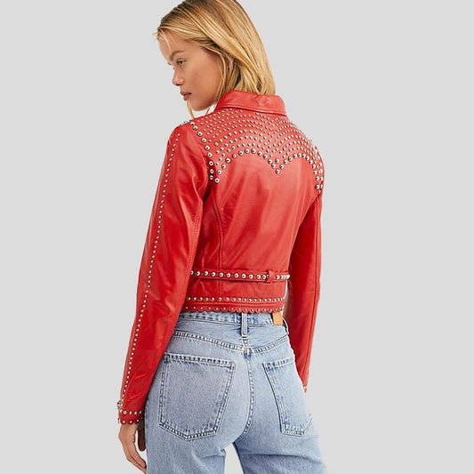 Rose Red Studded Biker Leather Jacket