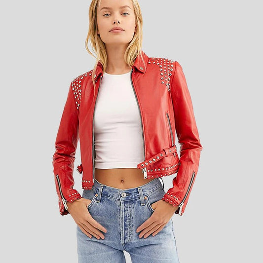 Rose Red Studded Biker Leather Jacket