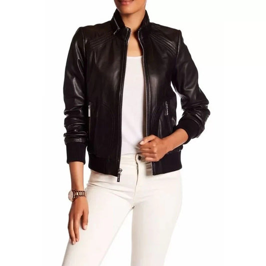 Women's Rising Black Aviator Leather Bomber Jacket