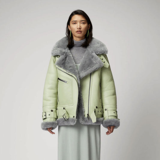 Women Green RAF Aviator Shearling Leather Jacket