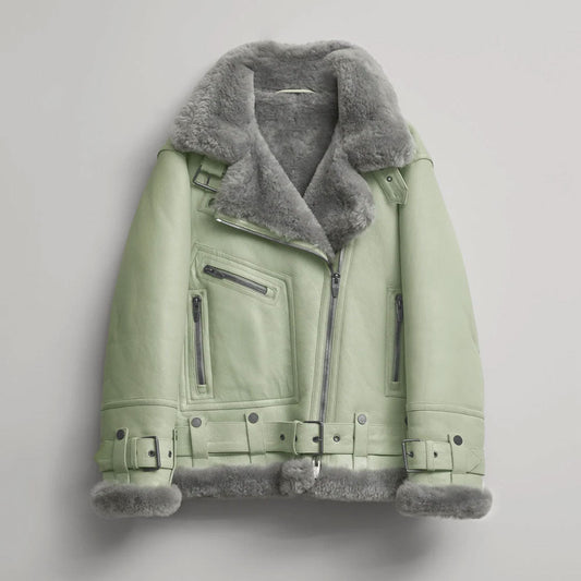 Women Green RAF Aviator Shearling Leather Jacket