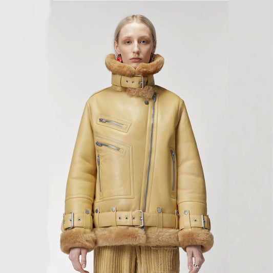 Women Light Brown RAF Shearling Leather Jacket