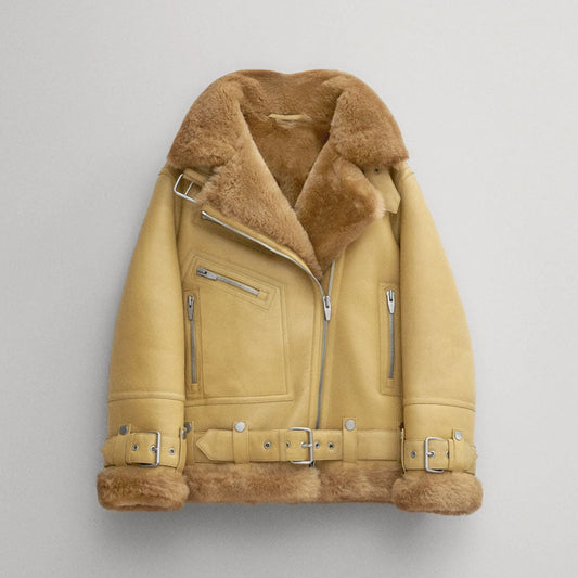 Women Light Brown RAF Shearling Leather Jacket