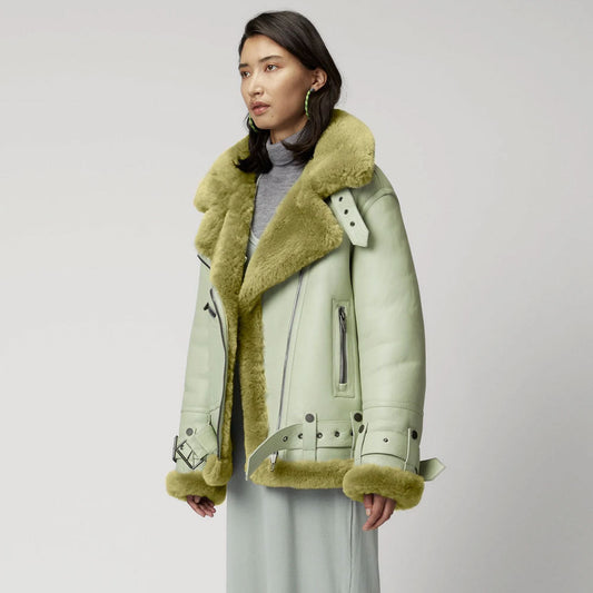 Women Light Green Shearling Leather Jacket