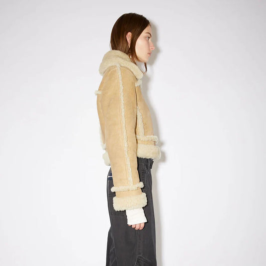 Women's Beige Aviator Leather Jacket