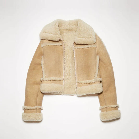 Women's Beige Aviator Leather Jacket