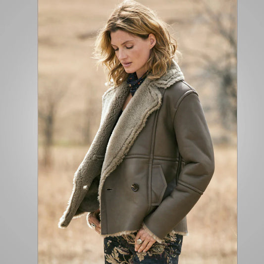Women's Beige B3 Flying Aviator Fur Leather Bomber Jacket