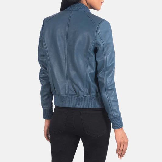 Women's Bliss Blue Aviator Leather Bomber Jacket