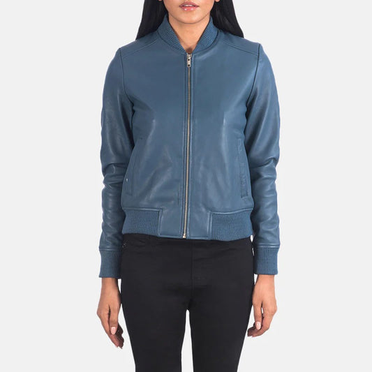 Women's Bliss Blue Aviator Leather Bomber Jacket