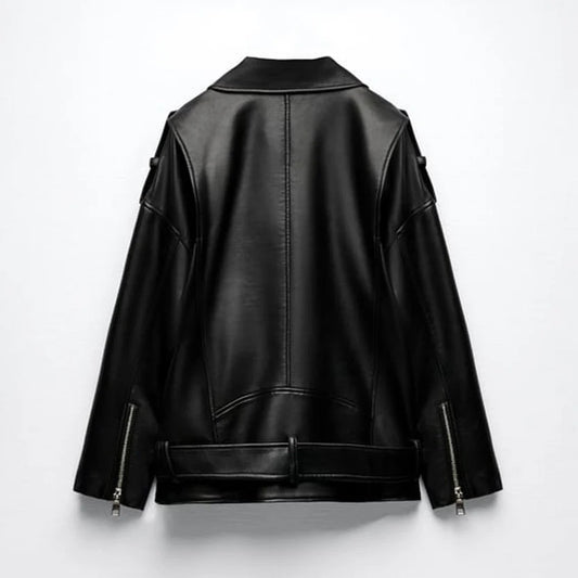Women's Bright Black Motorcycle Leather Biker Jacket