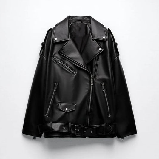 Women's Bright Black Motorcycle Leather Biker Jacket