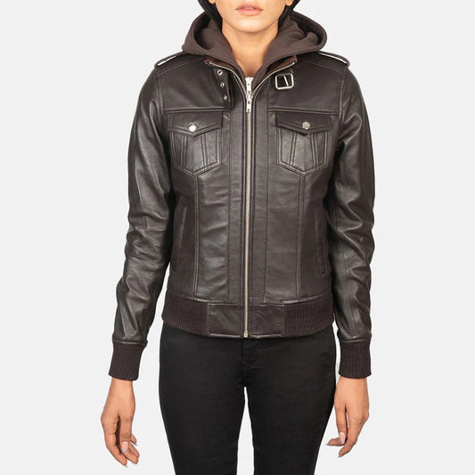 Women's Brown Hooded Aviator Leather Bomber Jacket