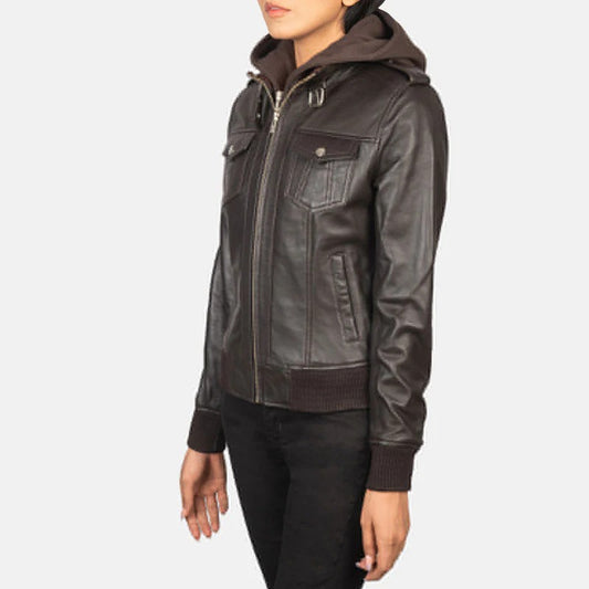 Women's Brown Hooded Aviator Leather Bomber Jacket
