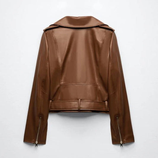 Women's Brown Sheepskin Leather Biker Jacket