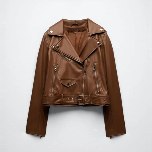 Women's Brown Sheepskin Leather Biker Jacket