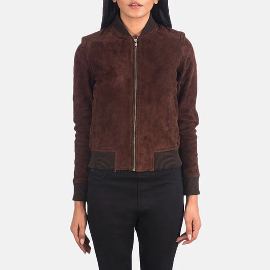 Women's Natural Brown Suede Leather Bomber Jacket